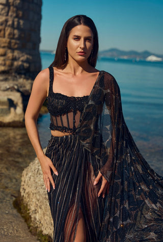 Noir gold pre-draped sari and blouse
