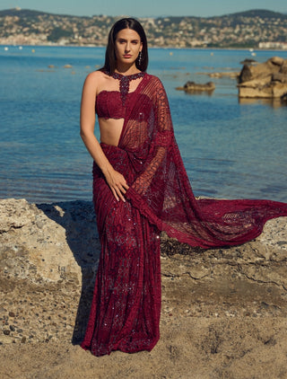Burgundy crystal pre-draped sari with blouse