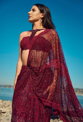 Burgundy crystal pre-draped sari with blouse