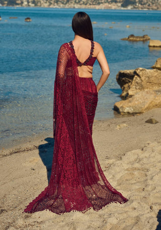 Burgundy crystal pre-draped sari with blouse