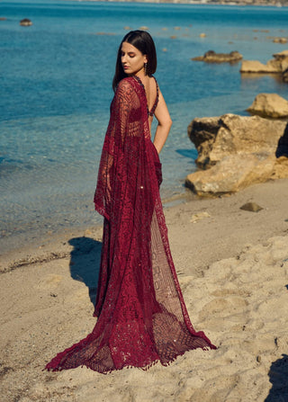 Burgundy crystal pre-draped sari with blouse