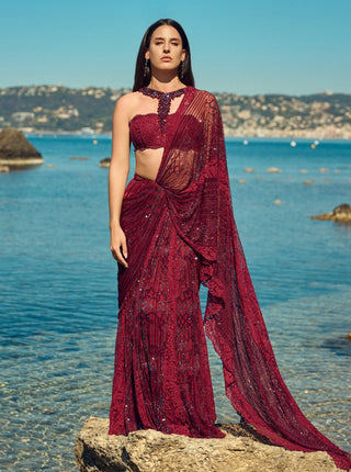 Burgundy crystal pre-draped sari with blouse