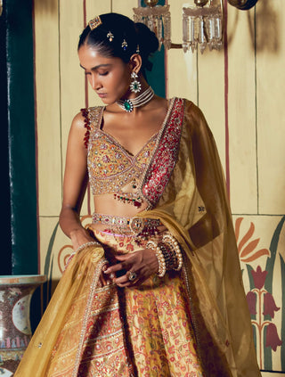 Yellow Jacquard Banarasi Lehenga Set by Aditi Gupta available on Indiaspopup.com