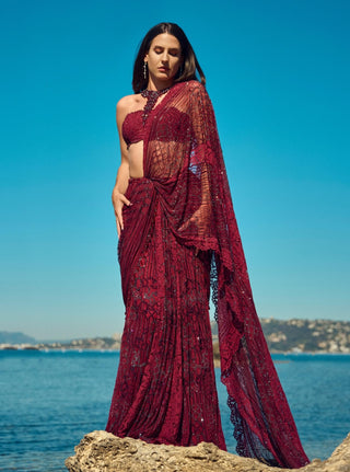 Burgundy crystal pre-draped sari with blouse