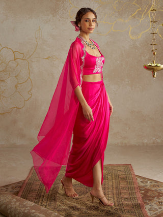 Hot Pink Draped Skirt With Bustier And Cape by Chhavvi Aggarwal available on Indiaspopup.com