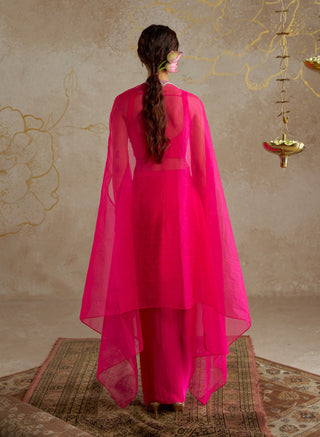 Hot Pink Draped Skirt With Bustier And Cape by Chhavvi Aggarwal available on Indiaspopup.com