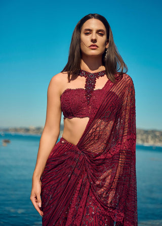 Burgundy crystal pre-draped sari with blouse