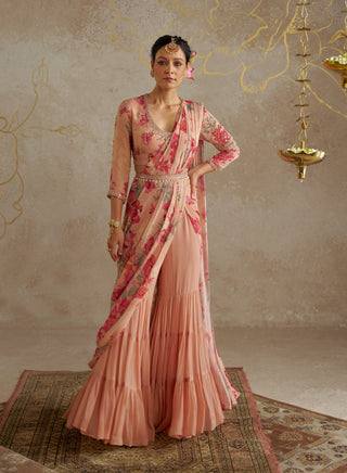 Blush Rose Sharara Sari Set by Chhavvi Aggarwal available on Indiaspopup.com