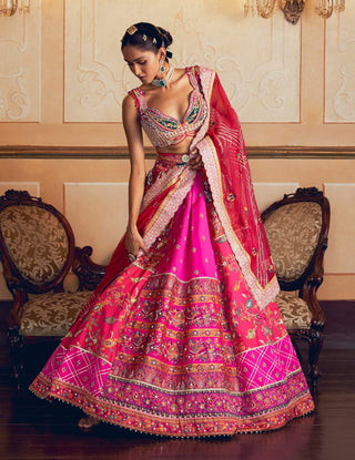 Hot Pink Jacquard Silk Banarasi Lehenga Set by Aditi Gupta available on Indiaspopup.com