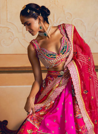 Hot Pink Jacquard Silk Banarasi Lehenga Set by Aditi Gupta available on Indiaspopup.com