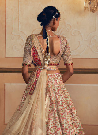 Ivory Jacquard Banarasi Lehenga Set by Aditi Gupta available on Indiaspopup.com