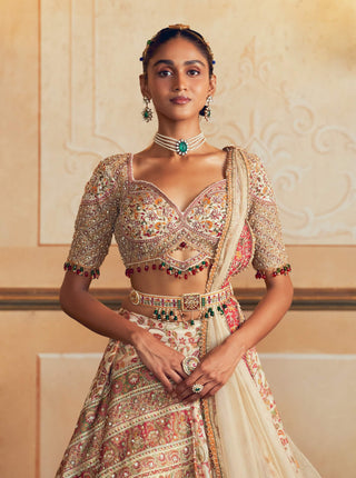 Ivory Jacquard Banarasi Lehenga Set by Aditi Gupta available on Indiaspopup.com