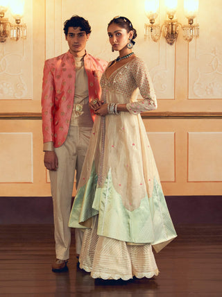 Pearl Ivory Silk Jacket And Sharara Set by Aditi Gupta available on Indiaspopup.com