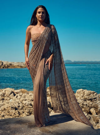 Champagne crystal pre-draped sari with blouse