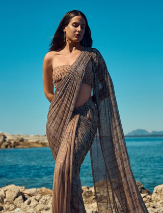 Champagne crystal pre-draped sari with blouse