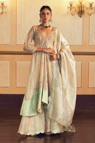 Pearl Ivory Silk Jacket And Sharara Set by Aditi Gupta available on Indiaspopup.com