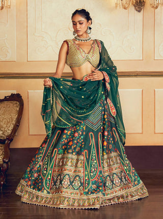 Dark Green Jacquard Silk Banarasi Lehenga Set by Aditi Gupta available on Indiaspopup.com