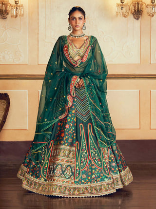 Dark Green Jacquard Silk Banarasi Lehenga Set by Aditi Gupta available on Indiaspopup.com