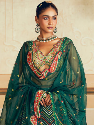 Dark Green Jacquard Silk Banarasi Lehenga Set by Aditi Gupta available on Indiaspopup.com