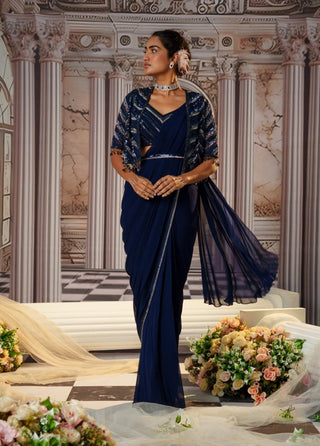 Aphrodite Blue Pre-Draped Sari Set by Nidhika Shekhar available on Indiaspopup.com