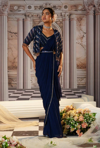 Aphrodite Blue Pre-Draped Sari Set by Nidhika Shekhar available on Indiaspopup.com