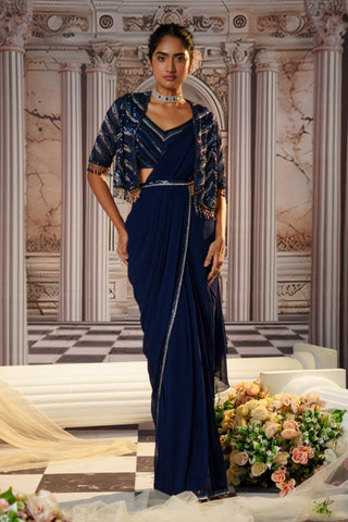 Aphrodite Blue Pre-Draped Sari Set by Nidhika Shekhar available on Indiaspopup.com