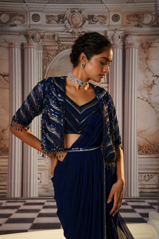 Aphrodite Blue Pre-Draped Sari Set by Nidhika Shekhar available on Indiaspopup.com