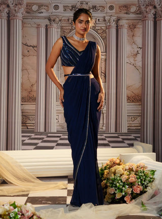 Aphrodite Blue Pre-Draped Sari Set by Nidhika Shekhar available on Indiaspopup.com