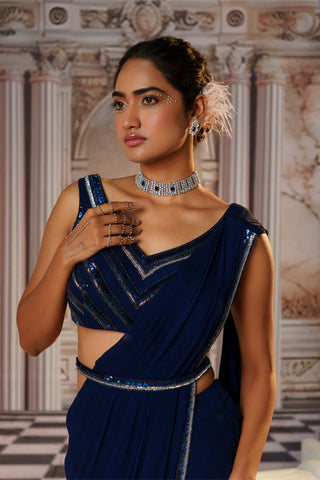 Aphrodite Blue Pre-Draped Sari Set by Nidhika Shekhar available on Indiaspopup.com