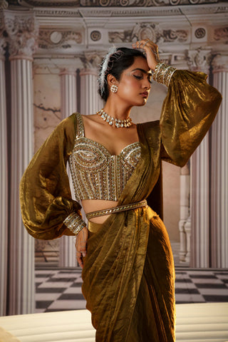 Belle Copper Sari Set by Nidhika Shekhar available on Indiaspopup.com