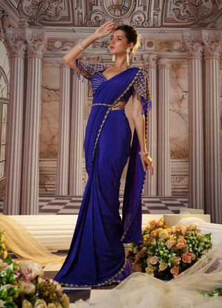 Exquisite Purple Crepe Sari Set by Nidhika Shekhar available on Indiaspopup.com