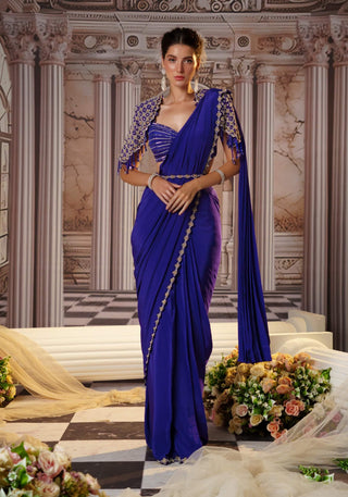 Exquisite Purple Crepe Sari Set by Nidhika Shekhar available on Indiaspopup.com