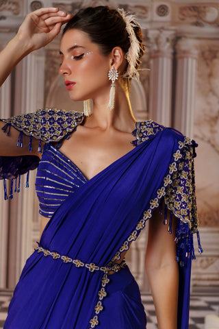 Exquisite Purple Crepe Sari Set by Nidhika Shekhar available on Indiaspopup.com