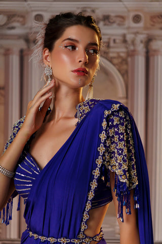 Exquisite Purple Crepe Sari Set by Nidhika Shekhar available on Indiaspopup.com