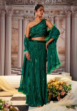 Aphrodite Bottle Green Lehenga Set by Nidhika Shekhar available on Indiaspopup.com