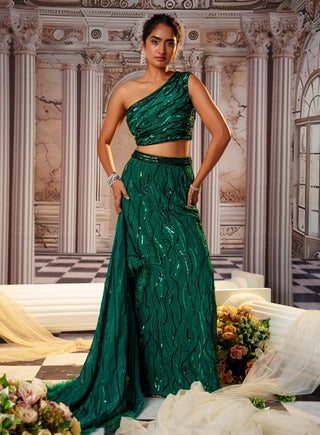 Aphrodite Bottle Green Lehenga Set by Nidhika Shekhar available on Indiaspopup.com