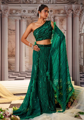 Aphrodite Bottle Green Lehenga Set by Nidhika Shekhar available on Indiaspopup.com