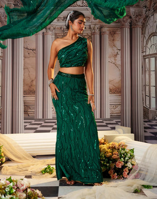 Aphrodite Bottle Green Lehenga Set by Nidhika Shekhar available on Indiaspopup.com