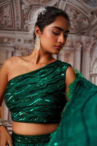 Aphrodite Bottle Green Lehenga Set by Nidhika Shekhar available on Indiaspopup.com