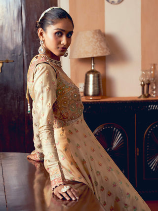 Yellow Jacquard Anarkali And Cropped Jacket by Aditi Gupta available on Indiaspopup.com