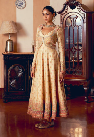 Yellow Jacquard Anarkali And Cropped Jacket by Aditi Gupta available on Indiaspopup.com