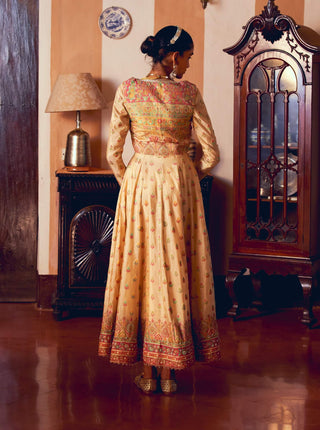 Yellow Jacquard Anarkali And Cropped Jacket by Aditi Gupta available on Indiaspopup.com