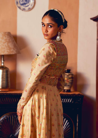 Yellow Jacquard Anarkali And Cropped Jacket by Aditi Gupta available on Indiaspopup.com