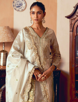 Pearl Gold Silk Zari Tissue Kurta Set by Aditi Gupta available on Indiaspopup.com