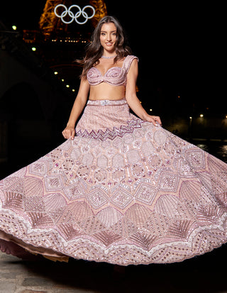 Rose Nude Pink Lehenga Set by Jigar And Nikita, available on Indiaspopup.com