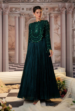 Celestial Bottle Green Anarkali by Nidhika Shekhar available on Indiaspopup.com