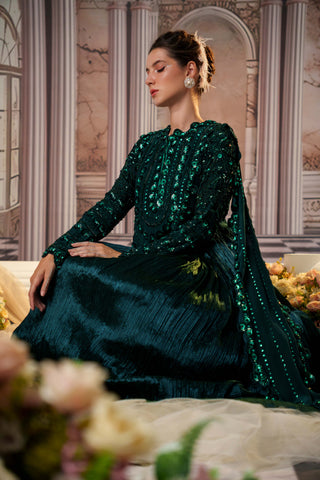 Celestial Bottle Green Anarkali by Nidhika Shekhar available on Indiaspopup.com