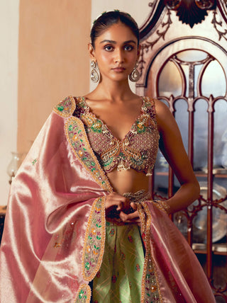 Light green jacquard silk banarasi lehenga set