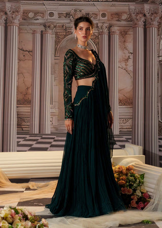 Elysian bottle green drape sari and blouse