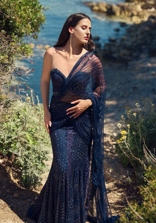 Midnight crystal pre-draped sari with blouse
